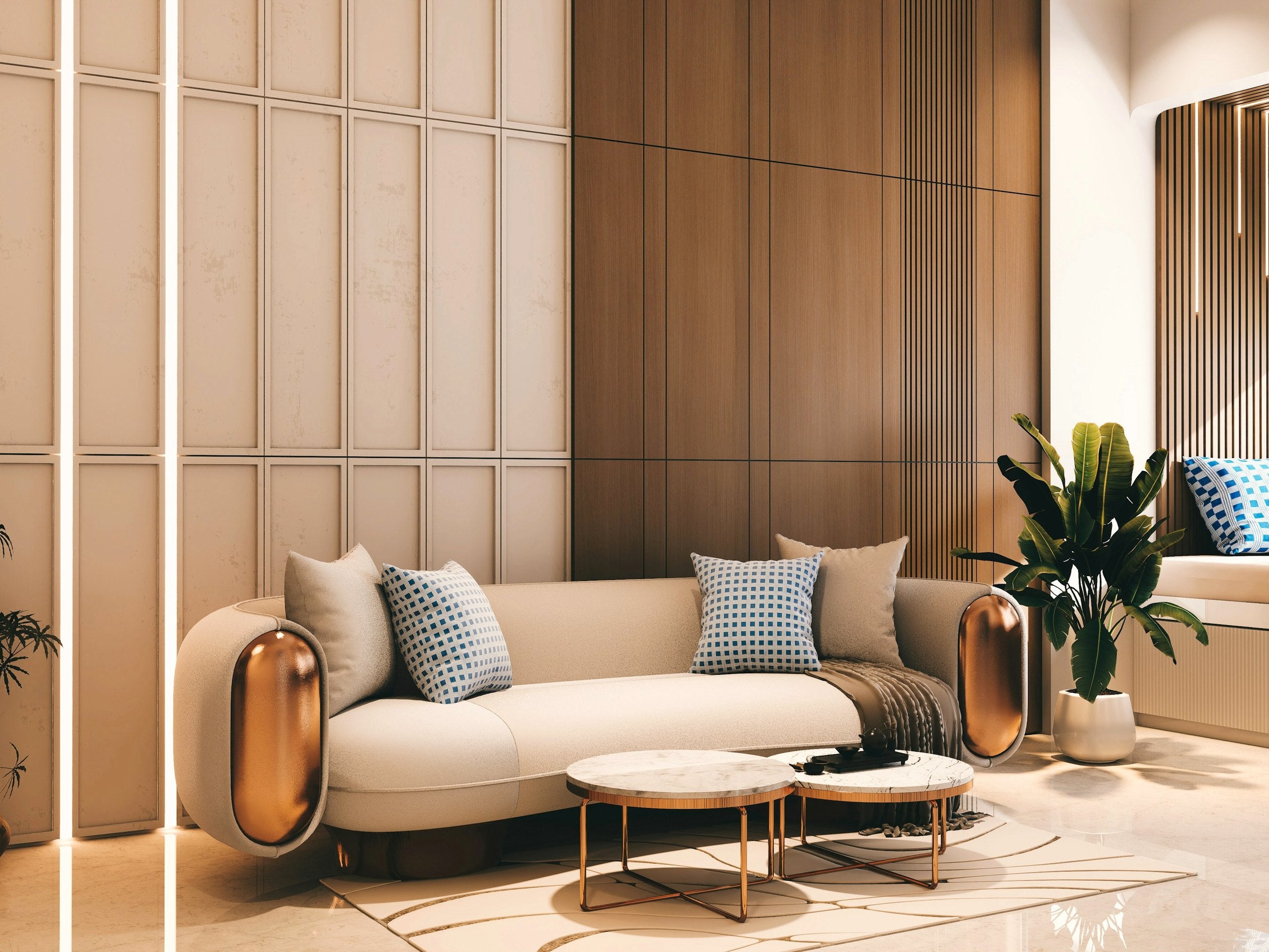 A calm living room with a cream curved sofa, brass-detailed coffee tables and warm oak-panelled walls